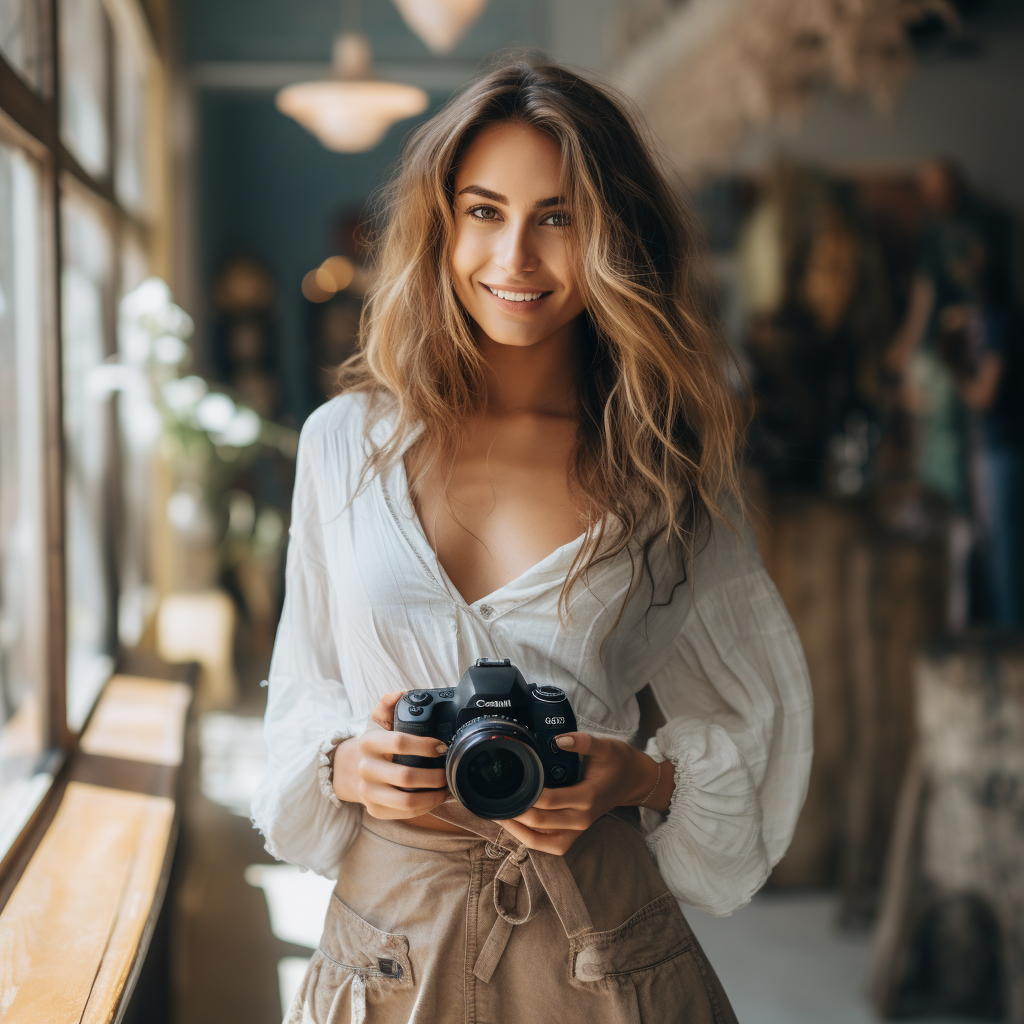 An image illustrating a female photographer confidently holding a camera, capturing a beautiful moment.