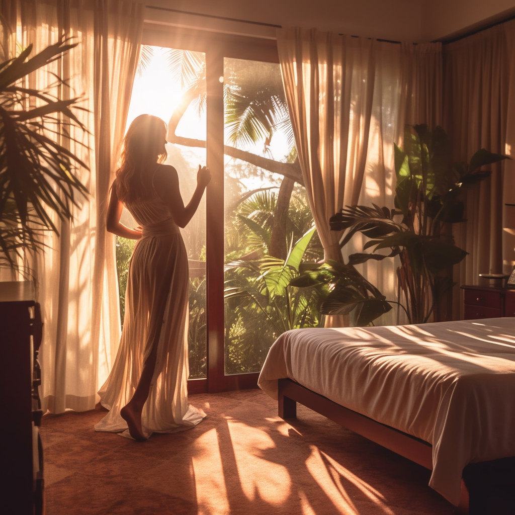 Sunlight cascading through shaded windows as a beautiful instagram influencer stands at the open window taking in the tropical breeze